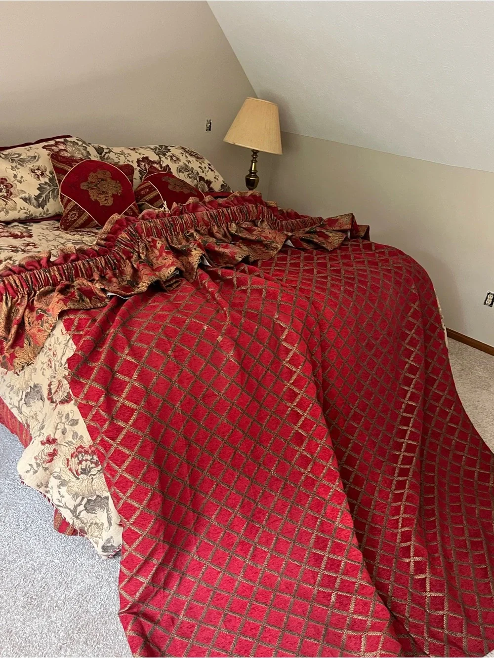 Belle Fleur Comforter Set in Beige and Burgundy- reversible w/ curtains to match
